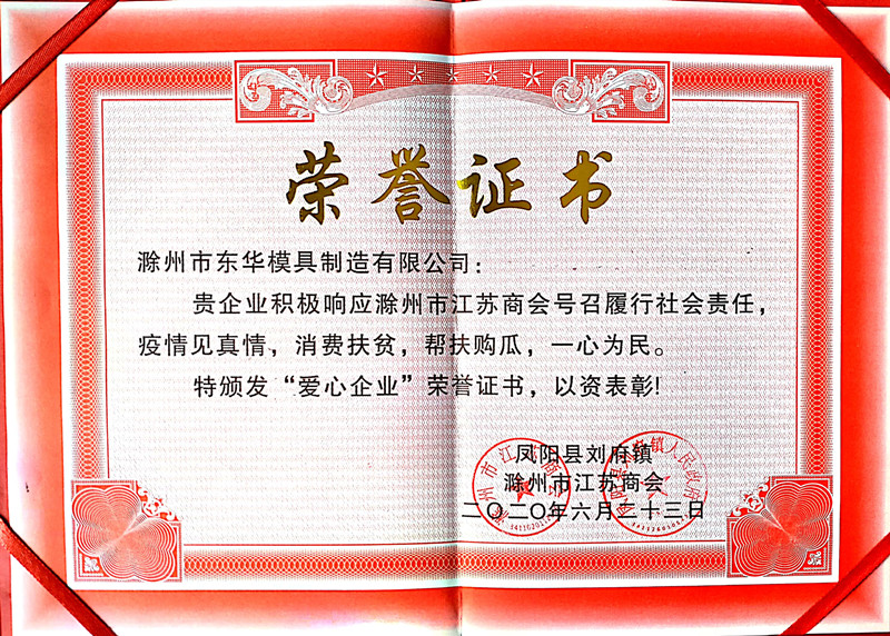 滁州市东华模具制造有限公司获得爱心企业荣誉证书